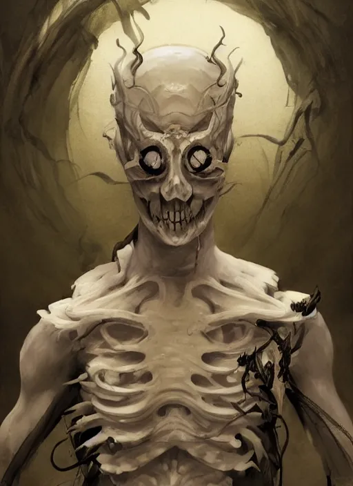 Image similar to character concept portrait of an princely young angry Spanish wizard with pale white skin and wearing half skeleton mask while casting a dark seduction spell, a floating burning spell book in the center, intricate, elegant, digital painting, concept art, smooth, sharp focus, illustration, from Metal Gear, by Ruan Jia and Mandy Jurgens and William-Adolphe Bouguereau, Artgerm