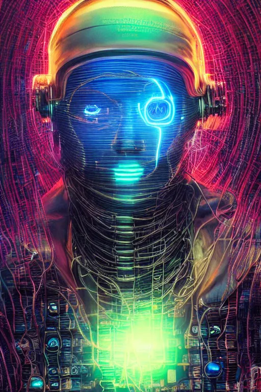 Prompt: stunning highly detailed portrait of a neuromancer hacker with cyber headgear surrounded by wires, neon colors, oil on canvas, strong lighting, by Greg Staples, by Glenn Fabry, by Josan Gonzalez, HD, 4K