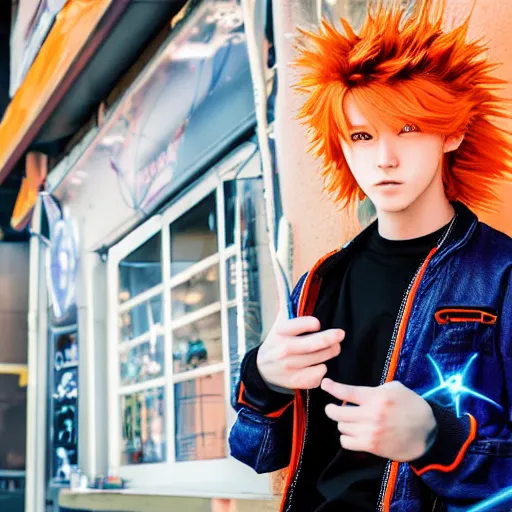 Image similar to orange - haired anime boy, 1 7 - year - old anime boy with wild spiky hair, wearing blue jacket, holding magical technological card, magic card, in front of ramen shop, strong lighting, strong shadows, vivid hues, raytracing, sharp details, subsurface scattering, intricate details, hd anime, high - budget anime movie, 2 0 2 1 anime