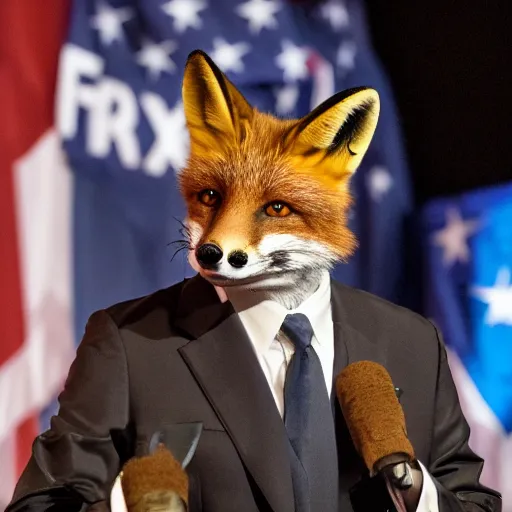 Image similar to a fox animal dressed in a suit giving a presidential speech, 8 5 mm f / 1. 4