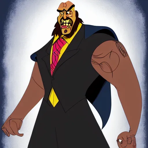 Image similar to Head-to-shoulder shot of Triple H as a Disney villain, Disney, Triple H, wrestling, WWE, Disney style, 2d, Disney 2d animation, digital 2D animation, traditional animation, Disney style, Disney animation, Deviantart, very coherent symmetrical artwork, heroic look, artstation, villain, brightly colored