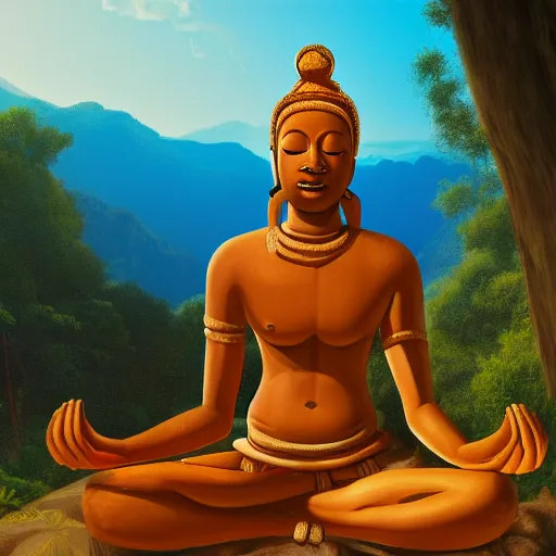 Image similar to contented peaceful haitian!! bodhisattva, praying meditating, in a scenic environment, detailed, golden hour, realism, artstation trending, digital art, 4 k uhd