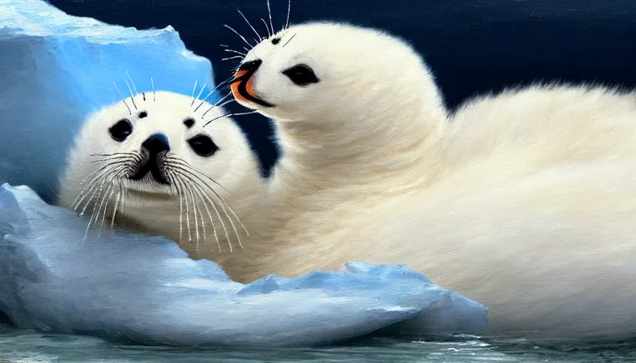 Image similar to highly detailed painting of cute furry white baby seal swan cats cuddling into each other on a blue and white iceberg by william turner, by greg rutkowski, by william constable, thick brush strokes and visible paint layers, 4 k resolution