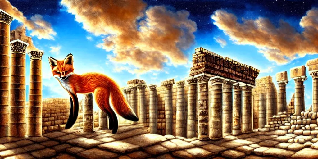 Image similar to illusion painting hidden image : an adorable small fox in the huge ruins of the second temple in jerusalem. the dreamy clouds above are shaped like the new temple. a hooded bearded old man in a brown tunic laughing, colorful 8 k, art station, intricate superb details, digital art, illusion painting hidden image.