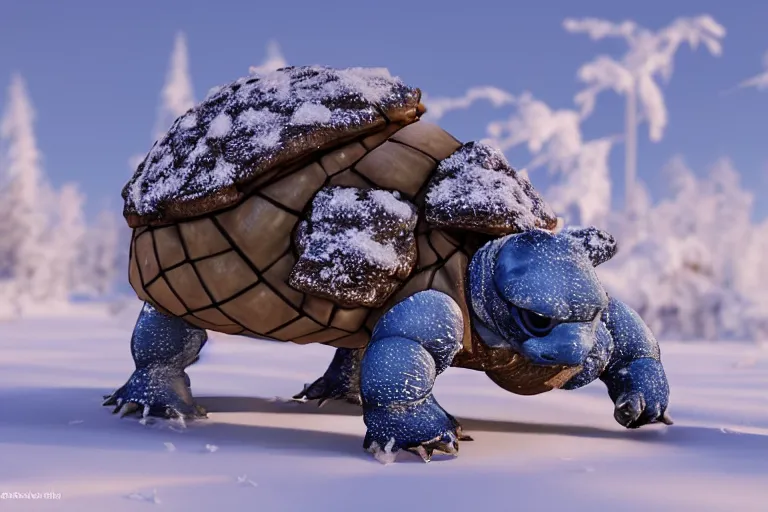 Image similar to highly realistic 3 d rendering of blastoise covered in snow and ice, unreal engine 5, volumetric lighting