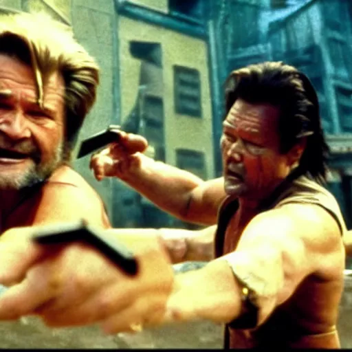 Prompt: cinematic still, Jack Burton throwing a knife at Lo Pan, amazing shot