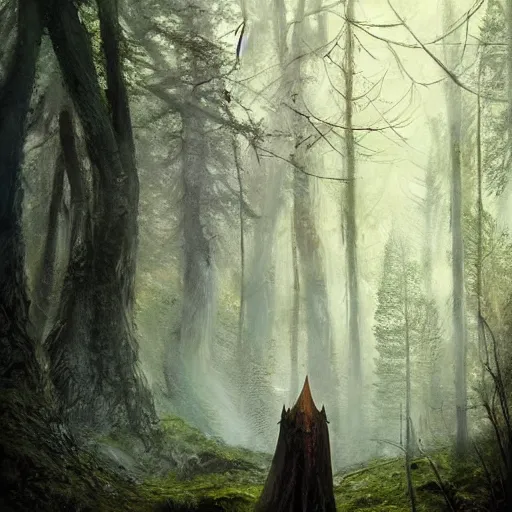 Image similar to sauron, trending on artstation, trending on deviantart, inside a forest with moss, oil painting, by Greg Rutkowski