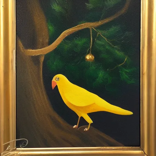 Image similar to A beautiful and elegant oil painting of a golden bird in a tree, 50mm lens, studio lighting, oil painting, matte, no blur, close up, 4k, by Sandro Boticceli