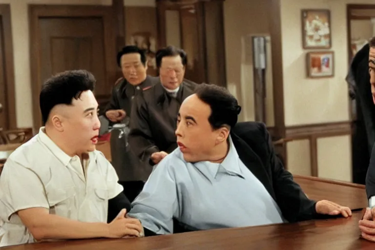 Image similar to Scene from Seinfeld where Jerry Seinfeld confronts Kim Jong-un