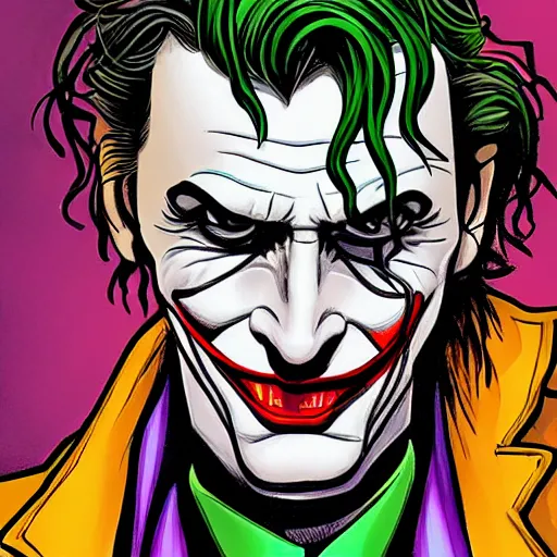 Prompt: David Tennant as the joker, single shot, long shot, eye level shot, Backlight, deep focus, award winning, illustration by  John Romita Jr.