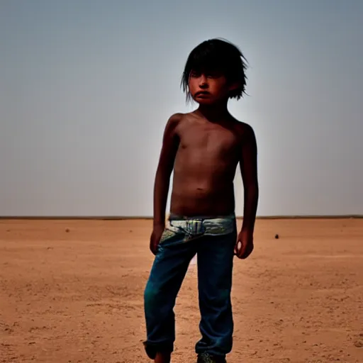 Image similar to indigenous boy standing on a barren plain muted colors