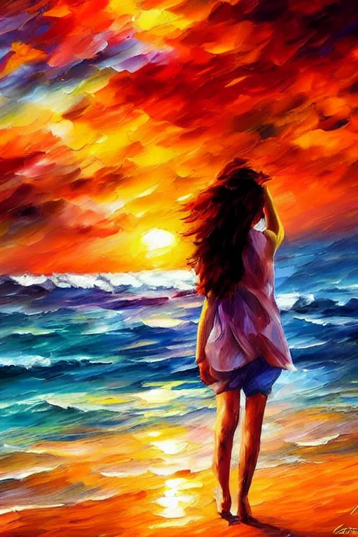 Image similar to a red haired young girl beach surreal, sunrise, dramatic light, impressionist painting, colorful clouds, digital painting, artstation, leonid afremov