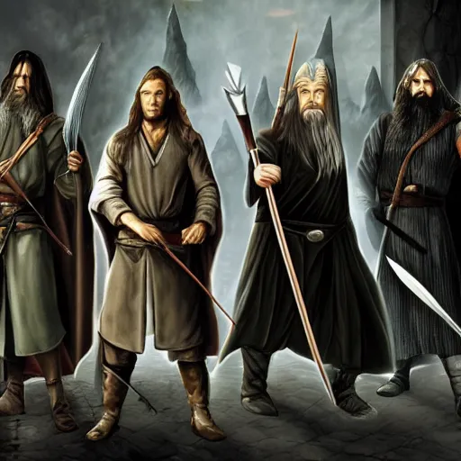 Prompt: gandalf, aragorn, legolas and gimli gta cover style