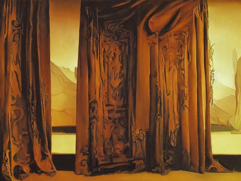 Prompt: a detailed oil painting of a dark exotic hall rich decorated fancy, pillar, ominous,, vibrant dark curtains velours, cutlery, extra wide shot by nicholas roerich, by gustave moreau, by frank frazetta, by hans emmenegger, by eyvind earle, moisture, grainy, highly detailed, realistic, outline, line,