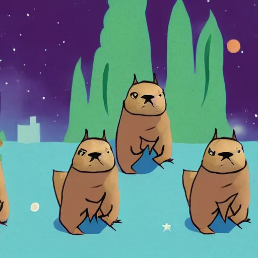 Prompt: a squad of capybara astronauts on a swamp planet