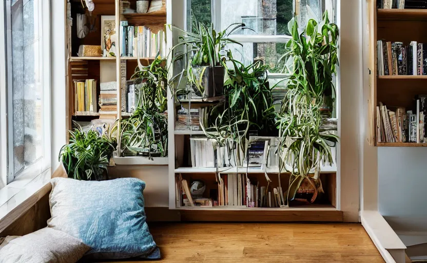 Prompt: interior design magazine photo of a big window with a wooden frame to sit on, some sandy yellow pillows, there are some books on a small integrated shelf, hanging plants, great architecture, ambient light, 8k