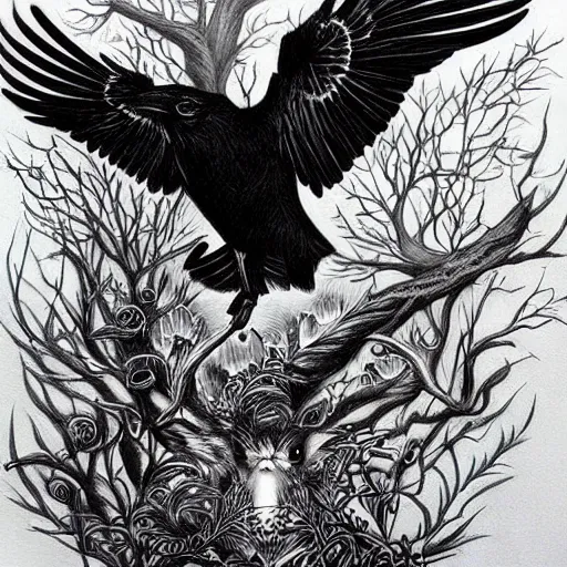 Image similar to surreal image depicting a raven combined with a deer and an owl but is also actually a window into the ocean. Fine line tattoo art. dark fantasy, intricate detail.