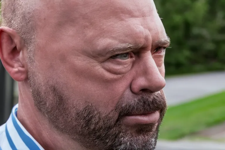 Image similar to movie scene portrait closeup, real life homer simpson in front of house, natural lighting by emmanuel lubezki