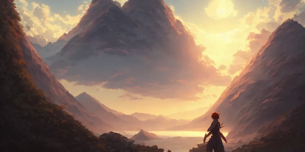 Image similar to ultra realistic, greek god, mountain, colors, 8 k, hd, details, fantasy, epic, ancient city, landscape illustration concept art anime key visual trending pixiv fanbox by wlop and greg rutkowski and makoto shinkai and studio ghibli and kyoto animation symmetrical facial features