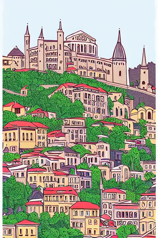 Prompt: tbilisi, illustration, in the style of katinka reinke