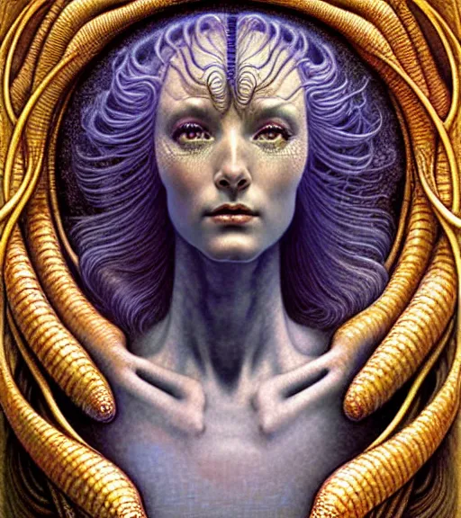 Prompt: detailed realistic beautiful young cher alien robot as queen of andromeda galaxy portrait by jean delville, gustave dore and marco mazzoni, art nouveau, symbolist, visionary, baroque, giant fractal details. horizontal symmetry by zdzisław beksinski, iris van herpen!, raymond swanland and alphonse mucha. highly detailed, hyper - real, beautiful