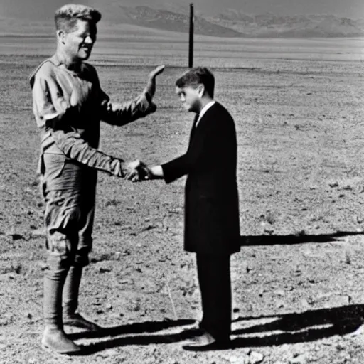 Image similar to archive footage still of John F Kennedy shaking hands with an alien in front of Area 51 at mid day