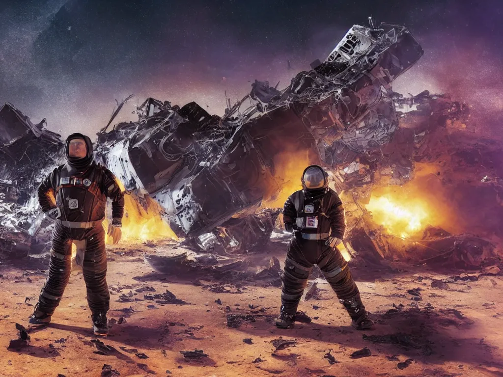 Image similar to portrait of an overweight person with emo haircut wearing gothy purple and black space spandex suits, standing next to smashed burning spacecraft wreckage, on the surface of mars, highly detailed, dramatic lighting, photorealistic, cinematic