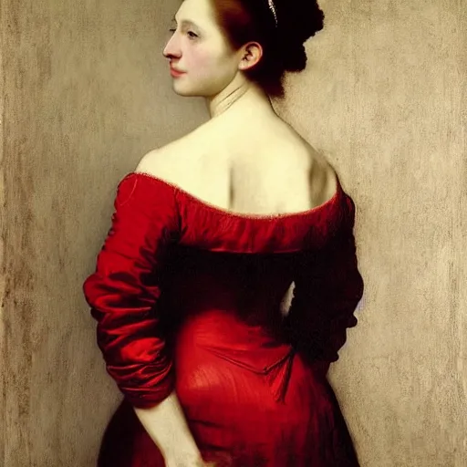 Image similar to sublime portrait of a woman in a red satin dress, very pale, graceful, Vermeer, Bouguereau, Van Dyck, Ingres, Rubens, Carolus-Duran, strong dramatic cinematic lighting, 17th-century, extremely detailed, dark background