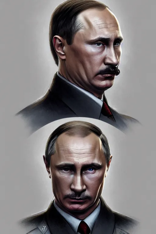 Image similar to vladimir putin as hitler, realistic portrait, symmetrical, highly detailed, digital painting, artstation, concept art, smooth, sharp focus, illustration, cinematic lighting, art by artgerm and greg rutkowski and alphonse mucha