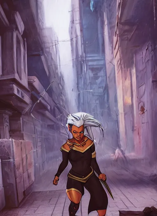 Image similar to An epic fantasy comic book style portrait painting of a young Ororo Munroe escaping capture on the streets of Cairo, Unreal 5, DAZ, hyperrealistic, RPG portrait, dynamic lighting