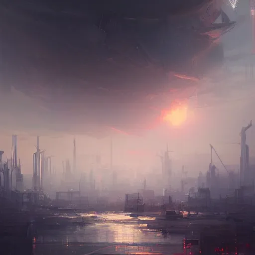 Image similar to the sky above the port was the color of television tuned to a dead channel, neuromancer, painted by greg rutkowski, painted by igor kieryluk, high detail, dramatic light, digital art, trending on artstation
