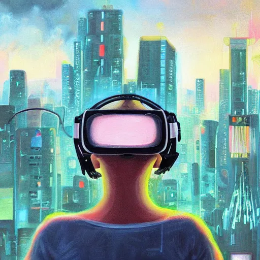 Image similar to a painting of a cat wearing oculus rift with a city in the background, cyberpunk art by hikari shimoda, trending on artstation, panfuturism, utopian art, circuitry, sci - fi