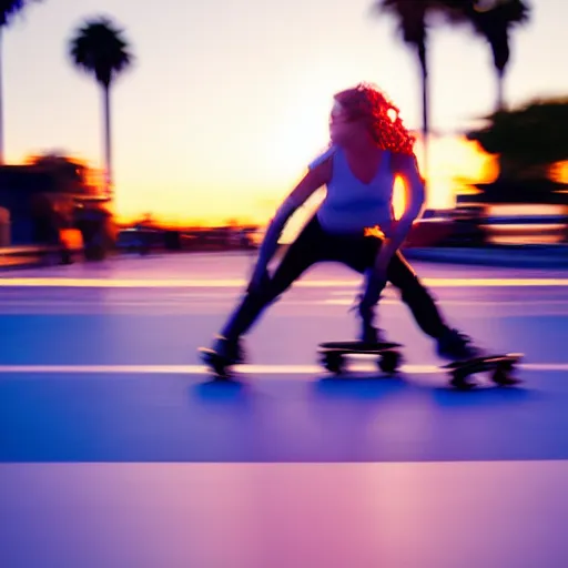 Image similar to a roller skater in a cinematic closeup. in santa monica at blue hour. canon eos c 3 0 0, ƒ 1. 8, 3 5 mm. 8 k. medium - format print. inspired by roger deakins cinematography