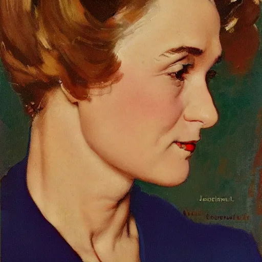 Prompt: head and shoulders portrait of woman, fully clothed, three quarter profile, norman rockwell, jacob collins, tom lovell, frank schoonover