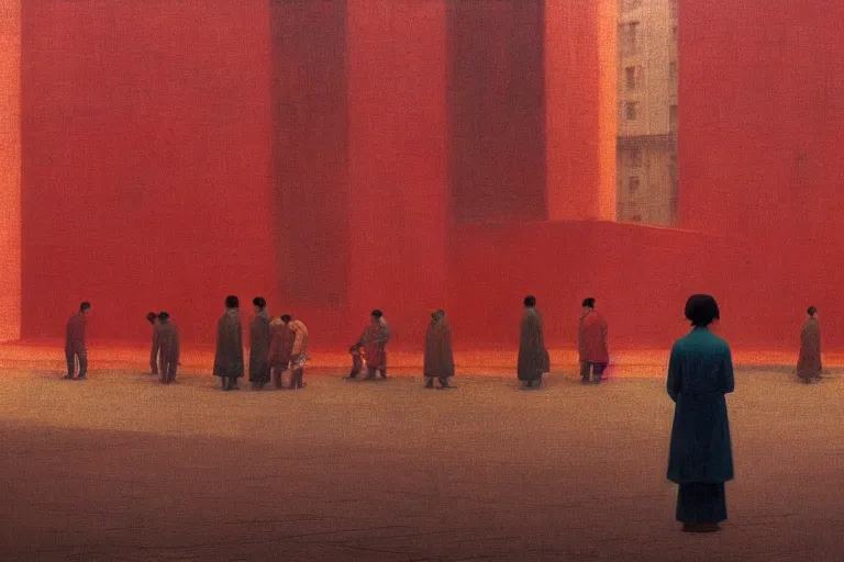 Image similar to top shot of a asian female standing center in the communist city square, crowd surround her, in the style of beksinski, parts by edward hopper, parts by rodcenko, parts by yue minjun, intricate and epic composition, insanely quality, highly detailed, masterpiece, red and yellow light, artstation, 4 k