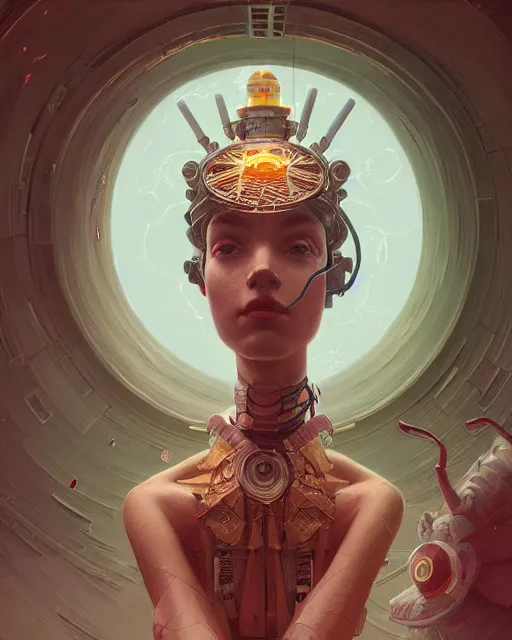 Prompt: highly detailed surreal vfx portrait of a sacred robot, stephen bliss, unreal engine, greg rutkowski, loish, rhads, beeple, makoto shinkai and lois van baarle, ilya kuvshinov, rossdraws, tom bagshaw, alphonse mucha, global illumination, detailed and intricate environment