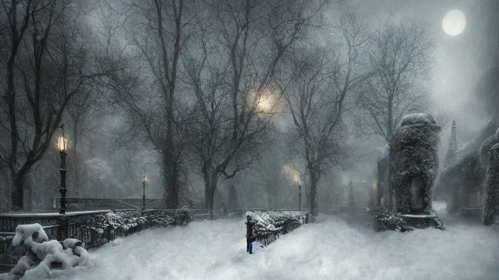 Prompt: the secret garden under heavy snow, surrounded by tall walls. andreas achenbach, artgerm, mikko lagerstedt, zack snyder, tokujin yoshioka