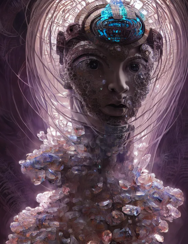 Image similar to asura from chinese myth, ghost, gorgeous and huge head ornaments, dystopian, cyberpunk, organic fractal mycelum and fungi, mecha, halfturn portrait of a big crystal face made of crystals half - turn, ominous, intricate, studio, art by anthony macbain + greg rutkowski + alphonse mucha, concept art, 4 k, sharp focus