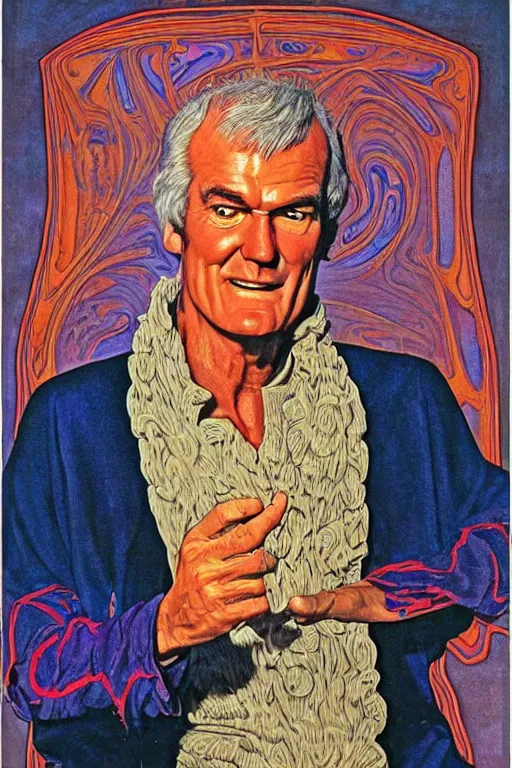 Prompt: an awesome jean giraud portrait of timothy leary telling jokes in the style of a renaissance masters portrait, mystical and new age symbolism