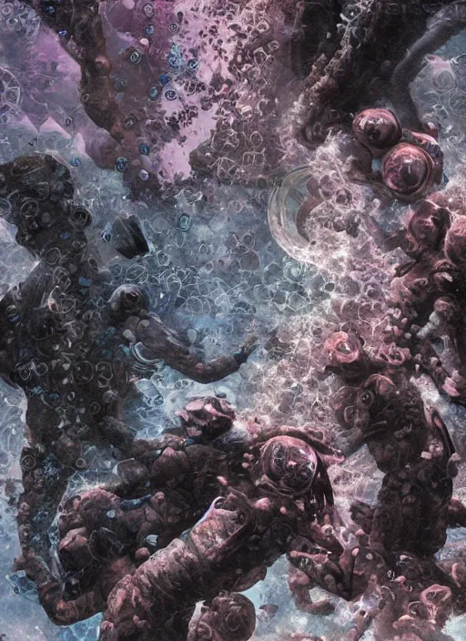 Image similar to astronauts in dark and empty void underwater - complex and hyperdetailed technical suit. reflection and dispersion materials. rays and dispersion of light. volumetric light. 5 0 mm, f / 3 2. noise film photo. flash photography. ultra realistic, wide angle. poster by wayne barlowe, hajime sorayama aaron horkey, craig mullins