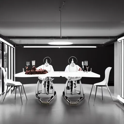 Image similar to three large white glossy kuka industrial robot arms on the floor around a dinner table, the kuka industrial robot arms are wearing bow ties, the table is full of food, they are having dinner inside a fine dining restaurant with mid century modern furniture and decor, global illumination, artstation, fantasy