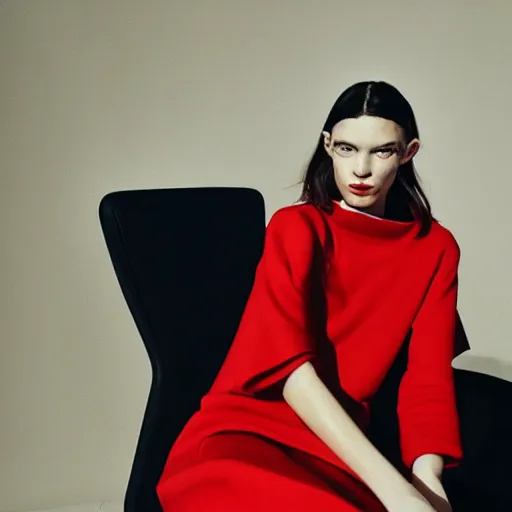 Image similar to close up of face of fashion model sitting on red chair, official jil sander editorial