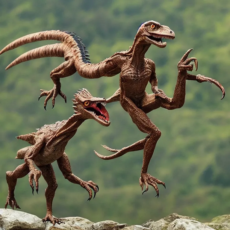 Prompt: a velociraptor jumping on a d & d barabrian