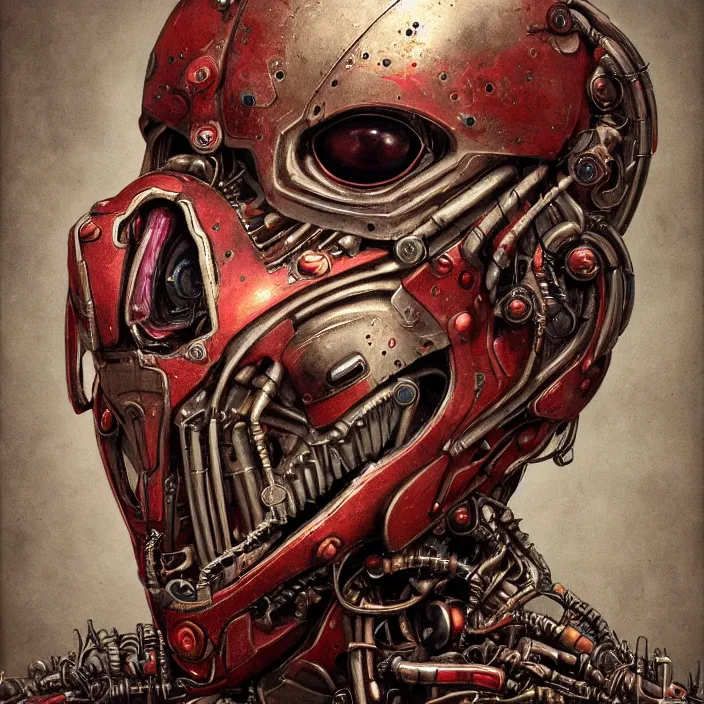 Image similar to in the art style of H.R. Giger,a portrait of a ruby Ultron from Age of Ultron, clockwork steampunk, isometric art style, head and chest only, by Beksinski, 4k, deviantart, trending on artstation