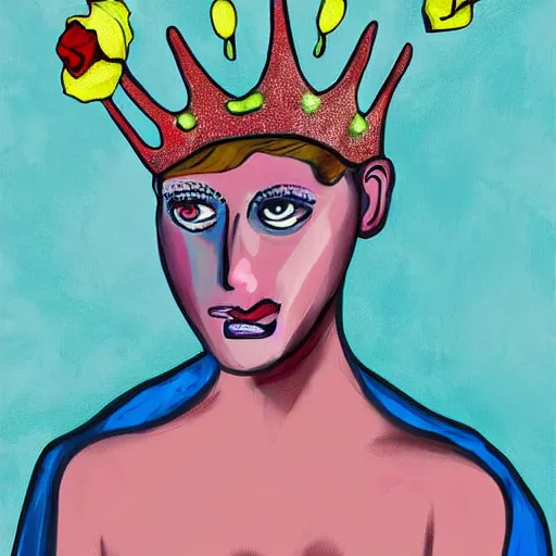 Prompt: a digital painting of a faceless woman wearing a crown made of mute color roses and a satin dress dada, surrealism, social realism, abstract expressionism, pop art, op art, minimalism