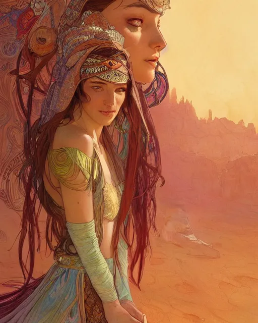 Image similar to bedouin in the desert, highly detailed, gold filigree, romantic storybook fantasy, soft cinematic lighting, award, disney concept art watercolor illustration by mandy jurgens and alphonse mucha and alena aenami, pastel color palette, featured on artstation