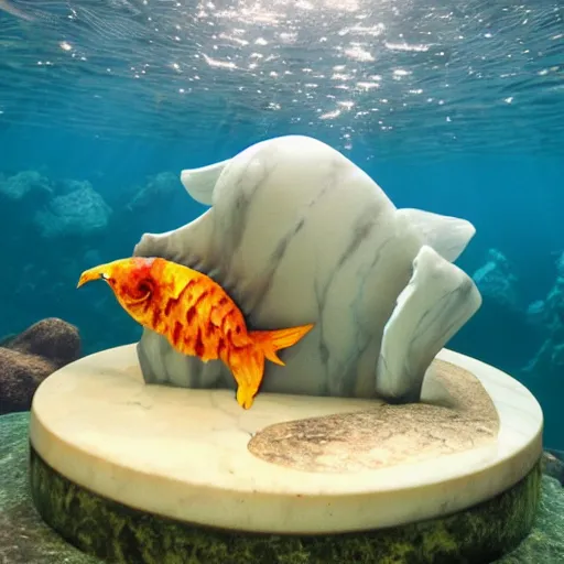 Prompt: marble statue of magikarp at the bottom of the ocean
