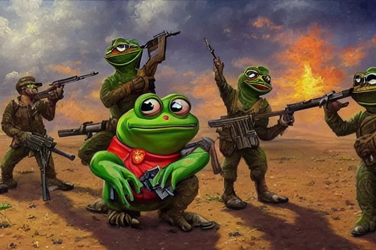 Image similar to portrait of pepe the frog and josef stalin with guns fighting a drug cartel, an oil painting by ross tran and thomas kincade