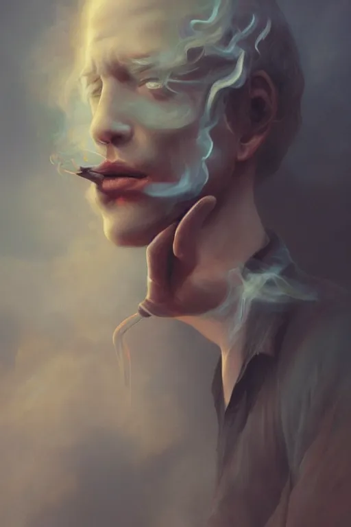 Prompt: portrait of a man made of a smoke, by artgerm, tom bagshaw, gerald brom, vaporwave, vaporwave colors, lo fi colors, vaporwave, lo fi, 4 k, hd,