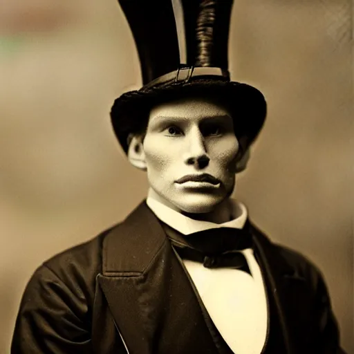 Image similar to A photograph portrait of Jerma in the mid-late 1800s with a top hat and sideburns with a pyramidal, taken in the mid-late 1800s, taken on a Field View Camera, realistic, hyperrealistic, very realistic, highly detailed, very detailed, extremely detailed, detailed, digital art, trending on artstation